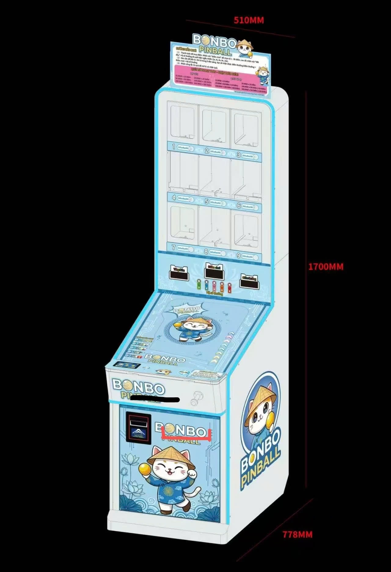 Bản vẽ kích thước chi tiết máy BONBO Pinball 510x778x1700mm